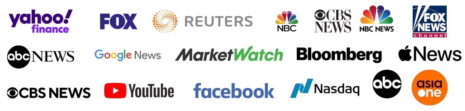 Yahoo Finance, FOX, Reuters, NBC, CBS News, NBC News, Fox News Channel, ABC News, Google News, MarketWatch, Bloomberg, Apple News, YouTube, Facebook, Nasdaq, ABC and AsiaOne