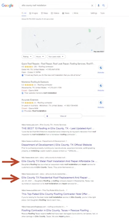 Google results for ellis county roof installation, with two of the contractor's features on page one