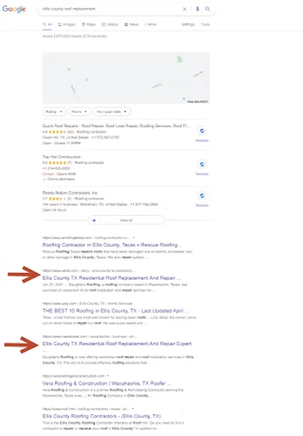 Google results for ellis county roof replacement, with two of the contractor's features on page one