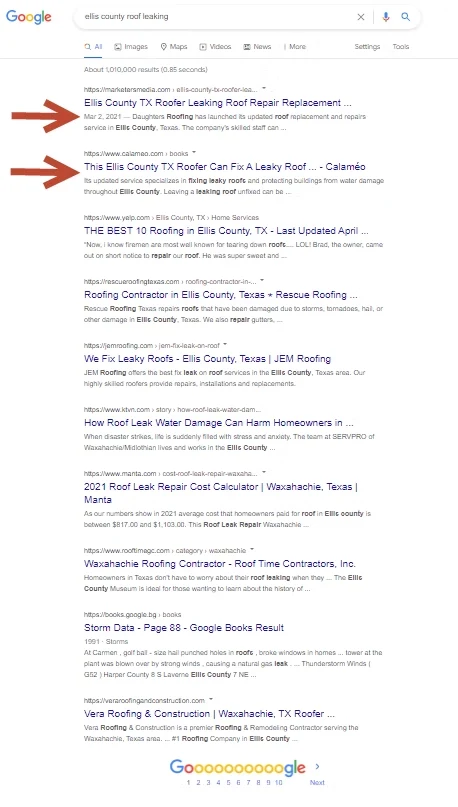 Google results for ellis county roof leaking, with the contractor's features in the top two results